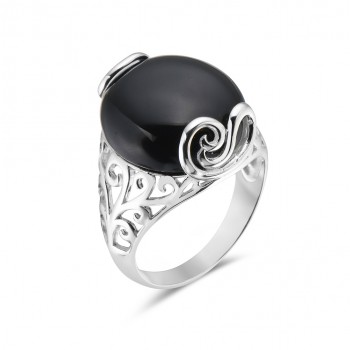 Sterling Silver RING OVAL CABOCHON ONYX W/ SWIRL LINES SIDED