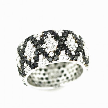 Sterling Silver Ring (H=11mm) Pave Black+Clear Cubic Zirconia (Criss Cross) Eter