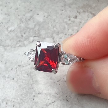 Sterling Silver Ring 10X8mm Rectangular Gar Cubic Zirconia+6X4mm Tear Drop Clear Cubic Zirconia Bot