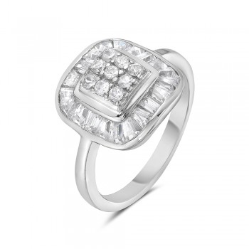 Sterling Silver Ring 13X13mm Clear Cubic Zirconia Baguette Cushion with Clear Cubic Zirconia Square