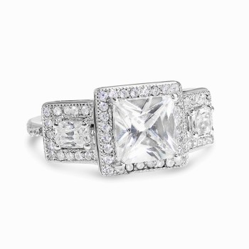 Sterling Silver Ring Micropave Tri-Stone Clear CZ