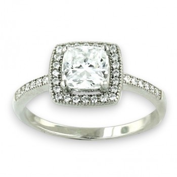 Sterling Silver Ring Micropave Cushion 6X6 mm - 9