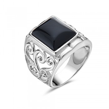 Sterling Silver Ring 18.5X13.5Mm Onyx Square Inlaid Filigree Si 