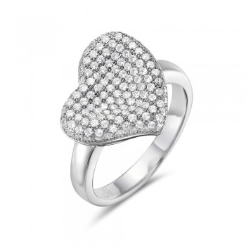 Sterling Silver Ring Micropave Clear Cubic Zirconia Aside Heart