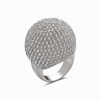 Sterling Silver Ring Pave Clear Cubic Zirconia 25mm Ball Dome-Rhodium Plating
