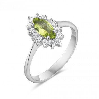 Sterling Silver Ring 13X10mm Peridot Topaz Marquis with White Topaz Aro