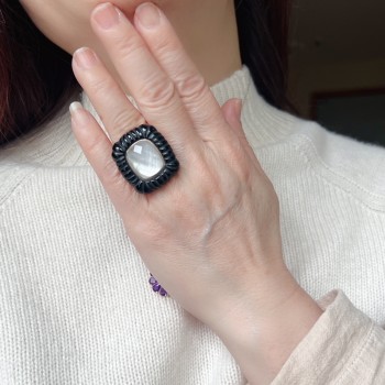 Sterling Silver Ring 29X21mm White Mother of Pearl Faceted Cyrstal Center with Onyx Frame