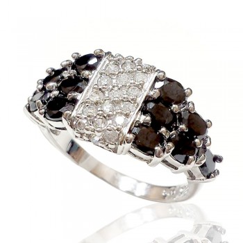 Sterling Silver Ring Black Cubic Zirconia Multiple Side with Clear Cubic Zirconia Ctr--Rhodium Plating/Nickle Free--