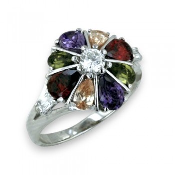 Sterling Silver Ring 22mm Diamond Shape Flower with Multicolor Color
