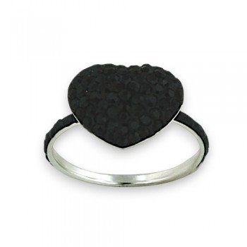 Sterling Silver Ring 12.5mm/14.5mm Puffy Heart Jet Black Crysta