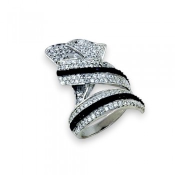 Sterling Silver Ring Rope Around with Clear and Black Cubic Zirconia