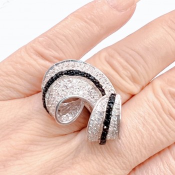 Sterling Silver Ring Curvy Leaf with Clear and Black Cubic Zirconia