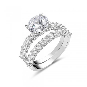 Sterling Silver Ring Engagement 2Pc Clear Cubic Zirconia 8 mm Center 2mm Side