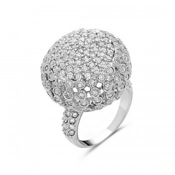 Sterling Silver Ring Open Puffy Dome with Clear Cubic Zirconia Rhodium Plating Plated