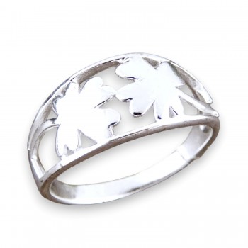 Sterling Silver Ring Open with 2 Four Leaf Clovers