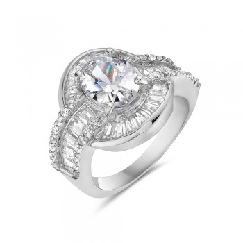 Sterling Silver Ring Oval Baugette Side Bridge Clear Cubic Zirconia 