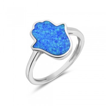 Sterling Silver Ring Blue Synthetic Opal Hamsa 