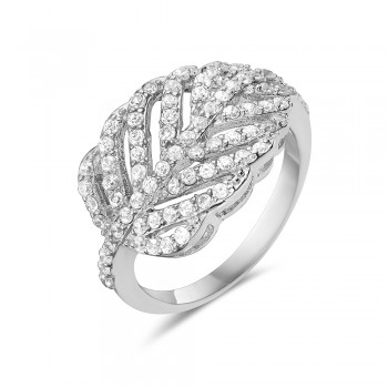Sterling Silver Ring Pave Clear Cubic Zirconia Sideway Leaf Vein 