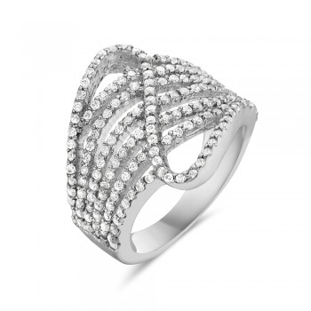 Sterling Silver Ring Pave Clear Cubic Zirconia 6 Lines Across Line 