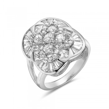 Sterling Silver Ring Baguette Clear Cubic Zirconia 4 Overlapped Round Clear 
