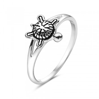 Sterling Silver Ring Tiny Turtle With Tail Oxidized Fork Shank 