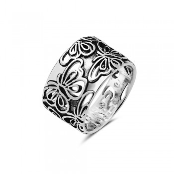 Sterling Silver RING BAND OXIDIZED RELIEF BUTTERFLIES