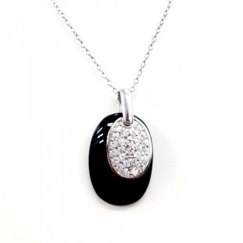 STERLING SILVER PENDANT BENT ONYX OVAL WITH CLEAR CUBIC ZIRCONIA OVAL