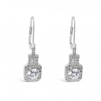 Brass Earring 6.5mm Round Micropave Clear Cubic Zirconia+Square Around