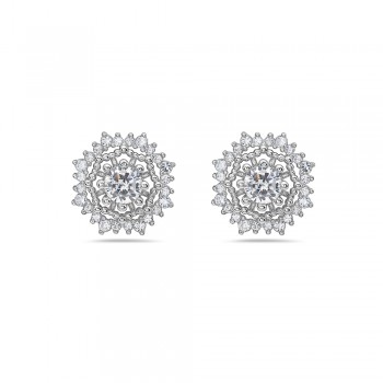 Brass Earring Round Filigree Center Clear Cubic Zirconia
