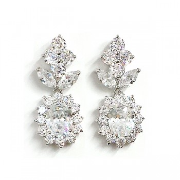 Brass Earring Clear Cz Oval W/ Cl Cz Post, Clear