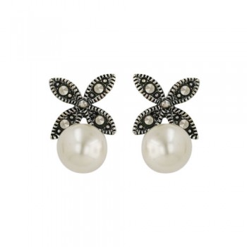 Brass Earg Four Petals Flower W/6*6Mm Faux Pearl