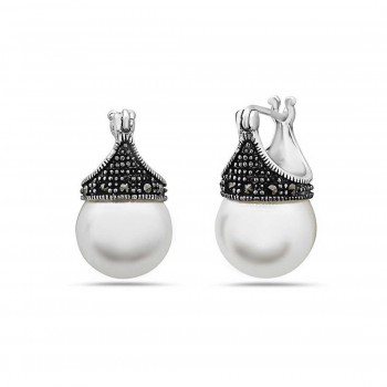 Marcasite Earring Latch White Pearl 12mm Marcasite Around
