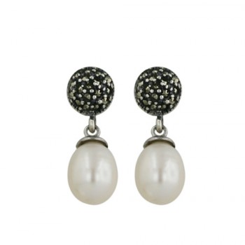 Marcasite Earring Round Pave Marcasite Oval Fresh Water Drop