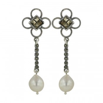 Marcasite Earring Flower Top Qz Cntr +8-10mm Teardrop Fresh