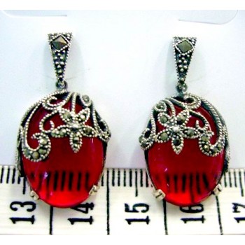 Marcasite Earring Oval Garnet Color Moon Stone with Filigree Flower