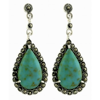 Marcasite Earring 25X15mm Faux Turquoise Cabochon Tear Drop with Marcasite Arou