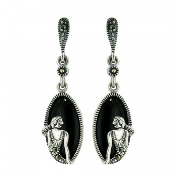 Marcasite Earring 17X9mm Onyx Lady Portrait Dangle