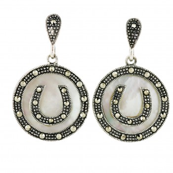 Marcasite Earring 21.5mm Round White Mother of Pearl with Marcasite Horseshoe