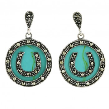 Marcasite Earring 21.5mm Round Faux Turquoise with Marcasite Horseshoe