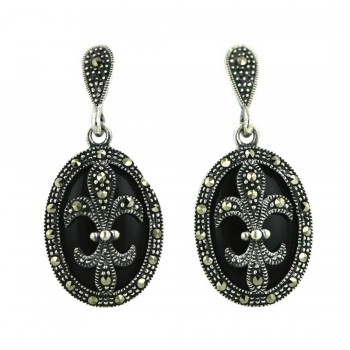 Marcasite Earring 21X16mm Oval Onyx with Marcasite F-D-L Dangle
