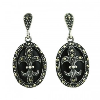 Marcasite Earring 21X16mm Oval Onyx with Marcasite F-D-L Dangle