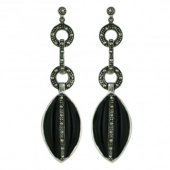 Marcasite Earring 22X12mm Onyx Marquis with Marcasite Ctr Line+Double