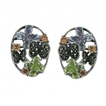 Marcasite Earring Oval 2 (4Pcs) Petals Lg/Lv Cubic Zirconia Flower+Butterfly