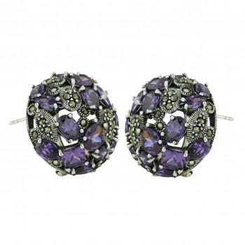 Marcasite Earring 23mm Amethyst Cubic Zirconia Round with Tear Drop+Rhombus+Oval+Rou
