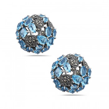 Marcasite Earring 23mm Blue Topaz Glass Round with Rhombus+Oval