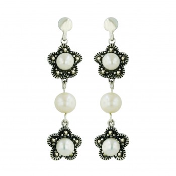 Marcasite Earring Double 5mm+ 6mm White Fresh Water Pearl Ctr with Pave Marcasite Fl