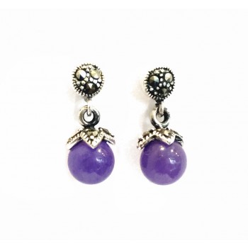 Marcasite Earring Marcasite Round Top with 7mm Purple.Jade Ball Dangling