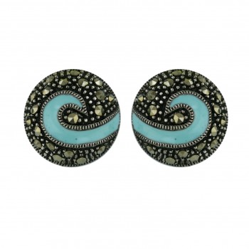 Marcasite Earring (W=15mm) Puff Round with Turquoise Blue Enamel Swirl