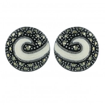 Marcasite Earring (W=15mm) Puff Round with White Enamel Swirl Po