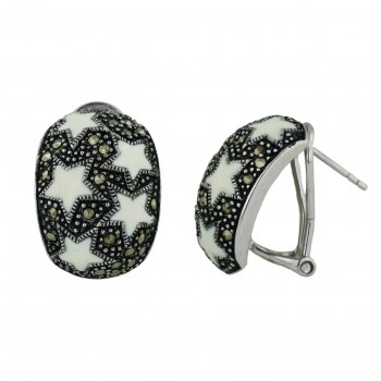 Marcasite Earring 21X16mm Dome with 5 White Enamel Star+Omega